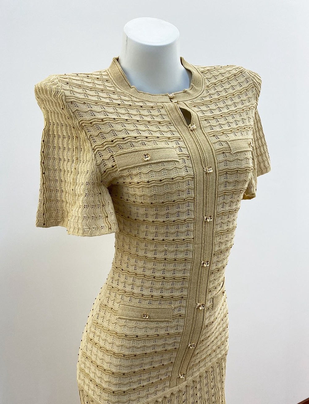 🟡Sandro Yellow Textured Knit Midi Dress Button Front Faux Pockets - Picture 12 of 12